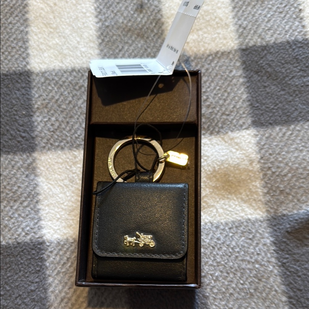 Coach Black Leather Picture Keychain with Gold Accents